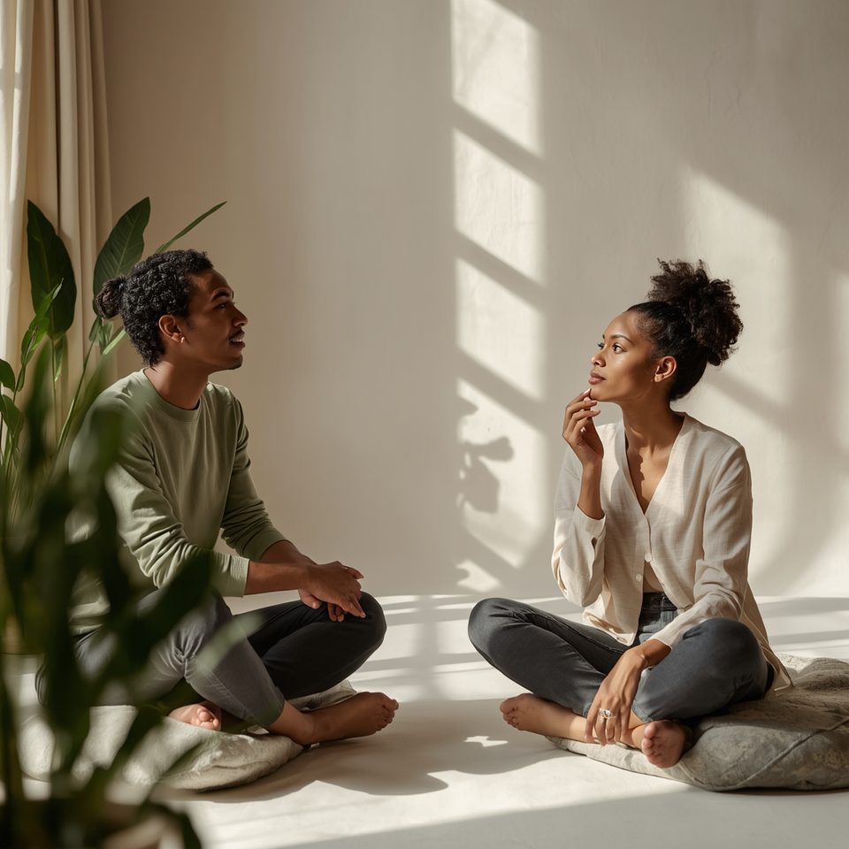 Dos personas en una conversación pausada y atenta